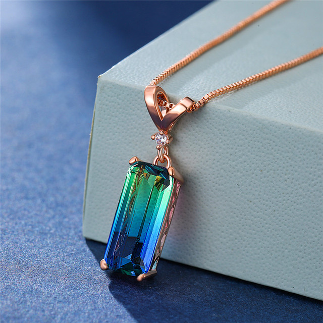 Female Blue Green Rainbow Stone Necklace Square Gemoetric Pendant Necklace Rose Gold Color Wedding Necklaces For Women
