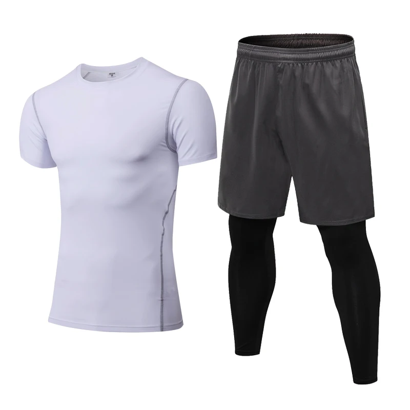 Горячие мужские наборы для бега 2 шт брюки из искусственной ткани летние футболки спортивные колготки компрессионный Костюм Для Бега Фитнес Спортивная одежда спортивный костюм 2XL - Цвет: White-gray pant