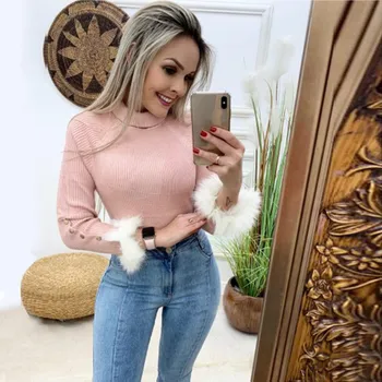 

Pink Elegant Winter Tops For Women 2020 Autumn Plush Lace Patchwork Long Sleeve Buttons Knit Sweaters Female Turtleneck Pullover