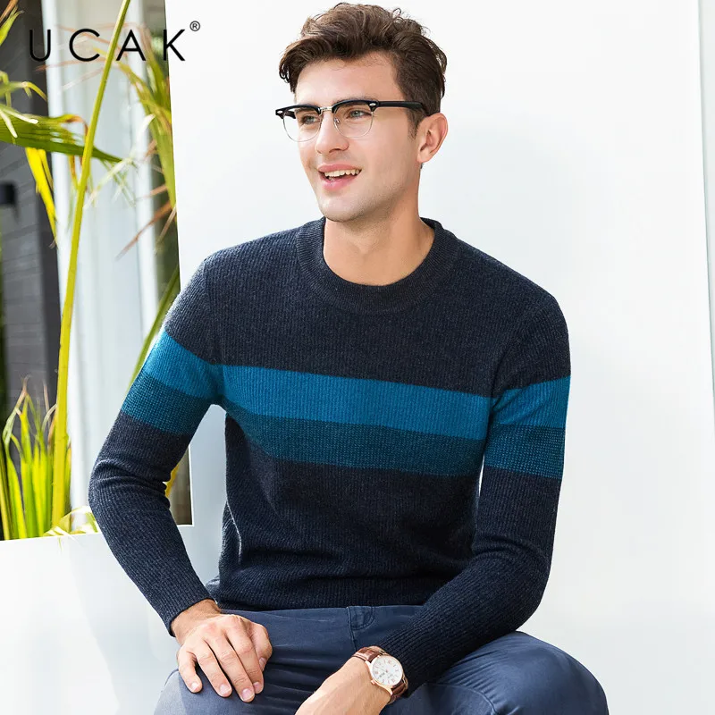 Cheap UCAK Brand 100% Merino Wool Sweater Men Fashion Casual O-Neck Pullover Men Autumn Winter Warm Cashmere Sweaters Pull Homme U3071