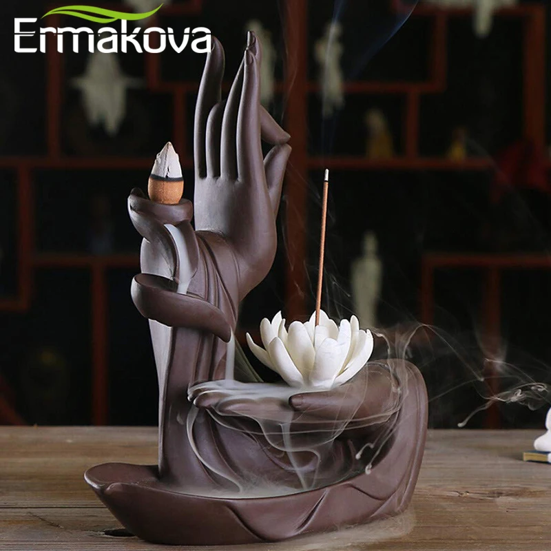 

ERMAKOVA Hand Flower Stick Incense Burner Ceramic Backflow Lotus Incense Holder Aromatherapy Home Office Decoration Gift
