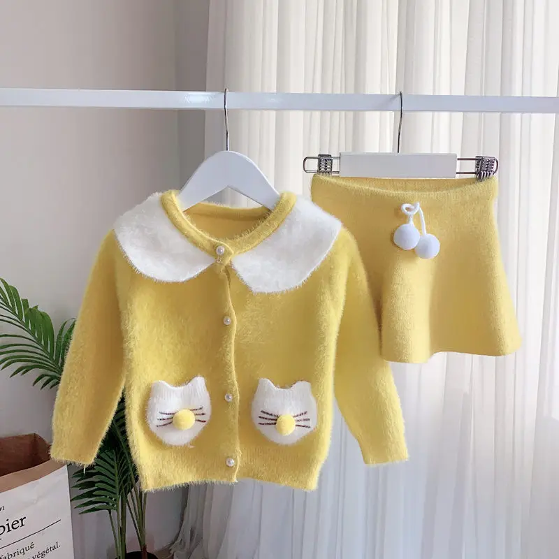 Humor Bear/свитер для девочек на осень и зиму г., корейский вязаный свитер с кроличьими ушками топ с карманом и кукольным воротником+ юбка комплект детской одежды из 2 предметов