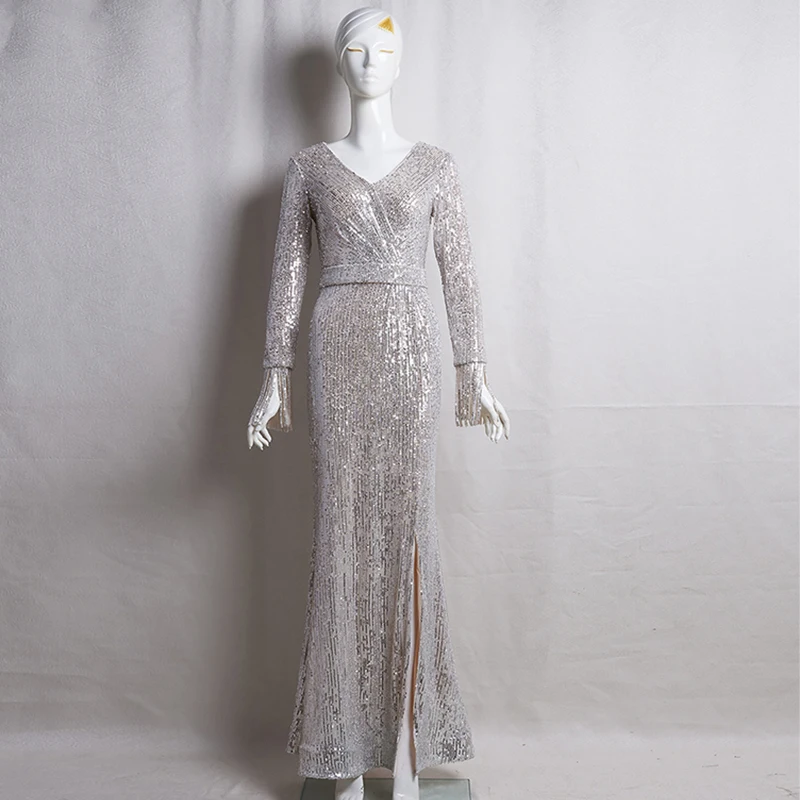 Вечернее платье с длинными рукавами цвета шампанского, золотого цвета, с v-образным вырезом, вечернее платье K059, длинное платье русалки, вечернее платье с блестками