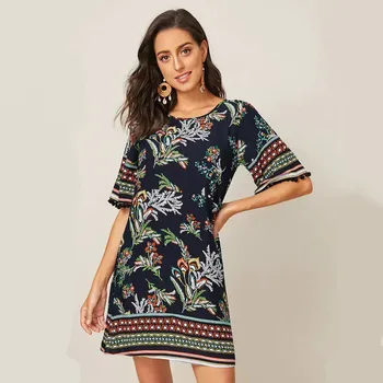 

Tribal And Botanical Print Boho Dress Women Bohemian Summer Short Sleeve Casual Mini Dress Straight Shift Geometric Midi Dresses