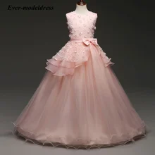 2021 New Applique Flower Girl Dresses Ball Gown Handmade Flowers Bow Long Birthday Christmas Party Vestidos Girls Pageant Gowns