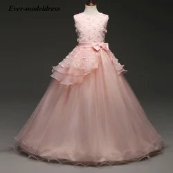 2021 New Applique Flower Girl Dresses Ball Gown Handmade Flowers Bow Long Birthday Christmas Party Vestidos Girls Pageant Gowns