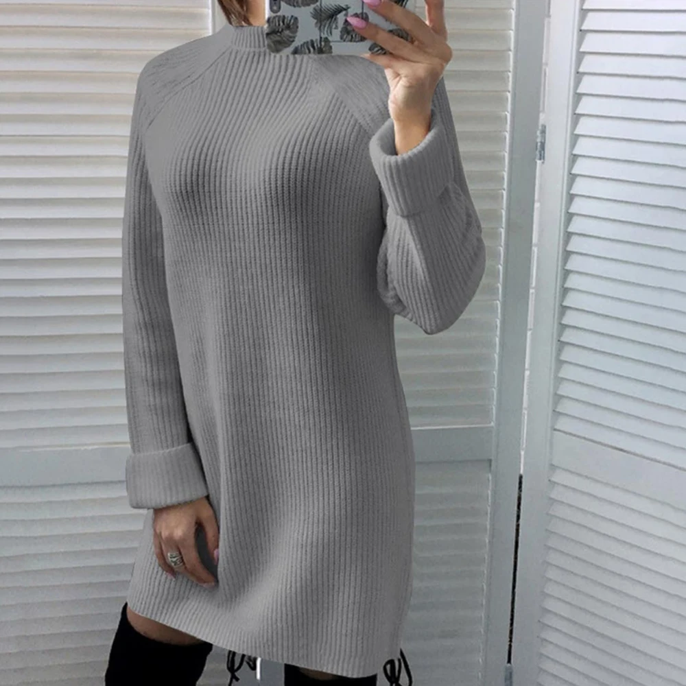 gray CALOFE, Осень-зима, Женский однотонный вязаный свитер, платья, повседневные свободные хлопковые пуловеры с круглым вырезом, модное женское платье, пуловер - Цвет: gray