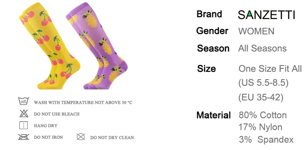 SANZETTI/2 пары/партия, женские эластичные Компрессионные носки из чесаного хлопка, Гольфы с фруктами ниже колена, Длинные Веселые носки с защитой от усталости