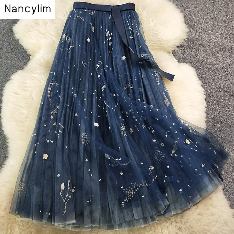 

Heavy Constellation Star Embroidered Multi-level Mesh Skirt Women Long Skirt 2019 Spring Autumn Ladies Mesh Skirt Nancylim Brand
