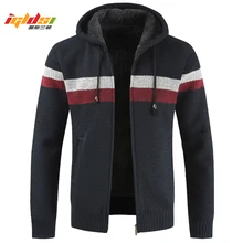 Мужской зимний толстый флисовый свитер, теплый кашемировый шерстяной кардиган с капюшоном, одежда, Полосатое флисовое пальто на молнии, размер M-3XL