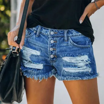 

Women's Fashion High Waisted Denim Shorts Dark Blue Ladies Jeans Ripped Casual Pants 2020 Popular Pantalones #3