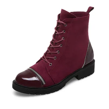 

Fashion Microfiber Cross-Tied Ankle Boots Patent Leather Metal Decoration Women Boots Solid Flock Women Shoes Botas De Mujer