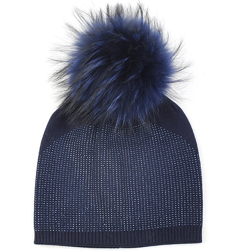 navy B Geebro для женщин зимние теплые Стразы громоздкие шапочки Skullies шапки Femme взрослых шапка с черепом аксессуары 15 см натуральный мех помпон - Цвет: navy B