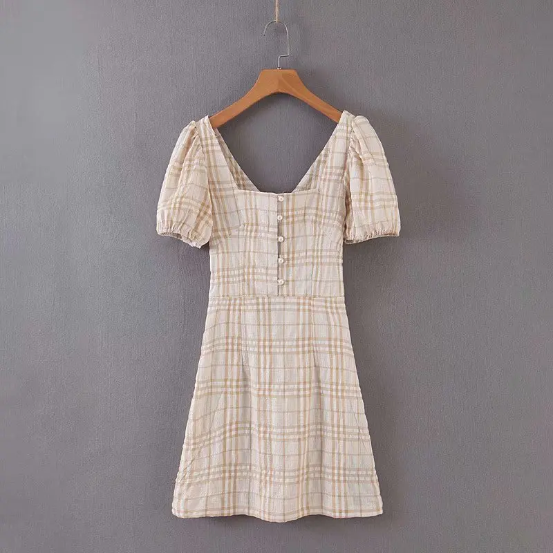 

Western Style 2020 Early Spring New Style Slim Fit Slimming French Square Collar Puff Sleeve Backless Plaid Dress Short Skirt Wo
