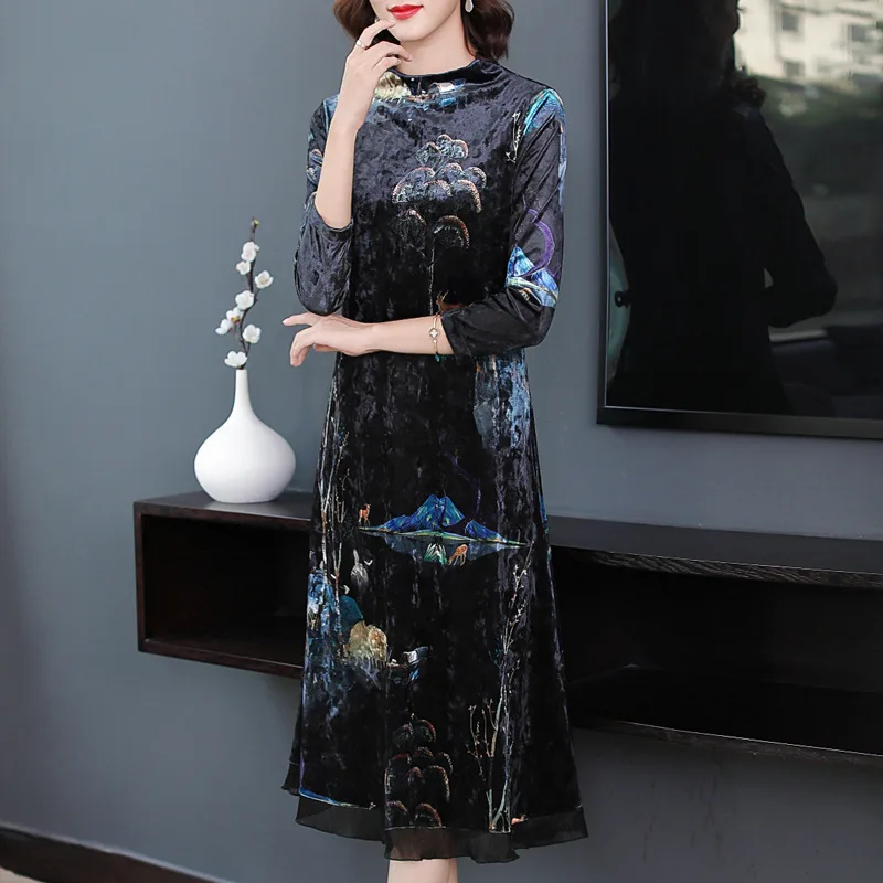 

Charming Deer Drink Water Pattern Printing Women Long Sleeve Autumn Winter Dress Elegant Plus Size Velvet Dresses Patchwork 4XL