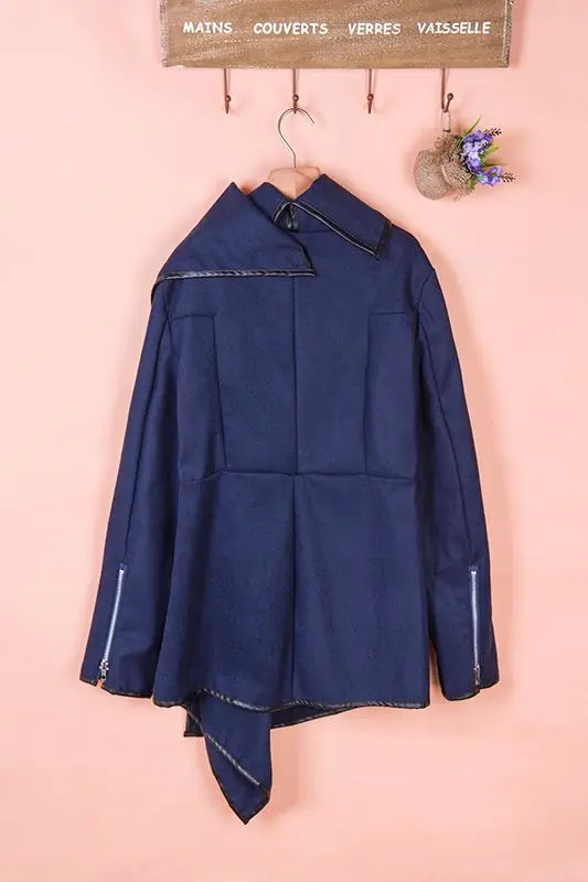 Европейский и американский стиль Slim Fit кожаная кромка прохладный не симметричная правила плащ-Тренч пальто, шерстяной жакет