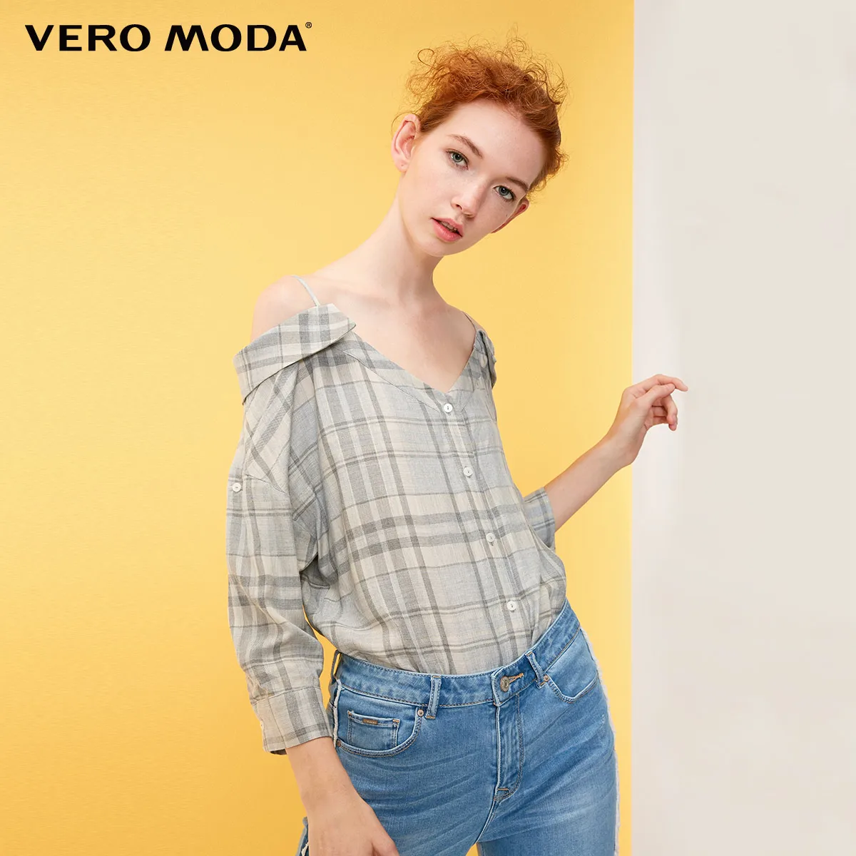 Vero Moda Новые поступления с открытыми плечами v-образным вырезом ремни Локоть рукава Длинные рукава клетчатая рубашка с принтом | 318431501