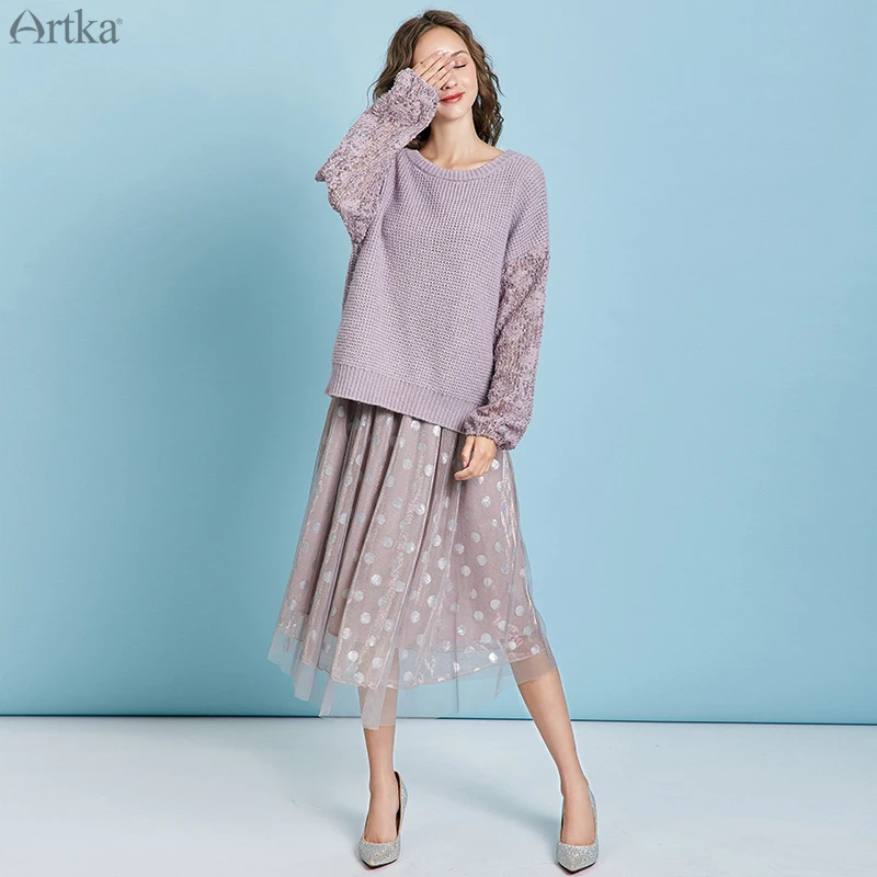 ARTKA Новая Осенняя Женская юбка винтажная юбка в горошек элегантная сетчатая юбка с эластичной талией длинная юбка для женщин QA10191Q