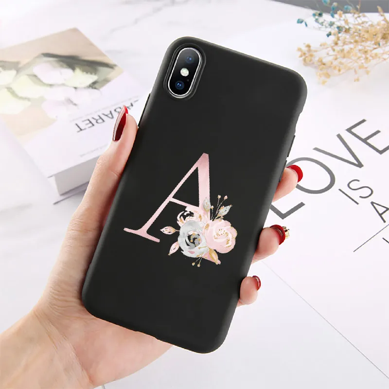 Custom Rose Gold Flower Initials Alphabet A-Z Phone Case Cover For iPhone XS X XR 11 13 Pro Max 8 8Plus 12 7Plus Soft Silicone | Мобильные
