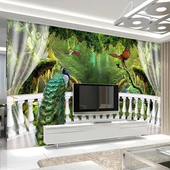 

Custom Mural Wallpaper 3D Green Forest Balcony Peacock Nature Scenery Wall Painting Living Room TV Sofa Home Decor Wall Stickers
