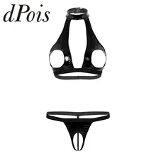 Женский комплект нижнего белья из искусственной кожи с эффектом мокрого вида, комплект нижнего белья с бретельками на шее и вырезом, топ с бюстгальтером+ трусики-стринги с вырезами, комплект нижнего белья из 2 предметов