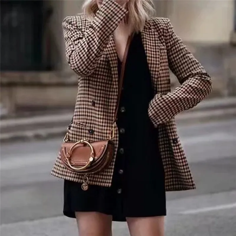 

Women Winter Coats spring autumn Fashion Women Coat Retro Button Lattice Shoulder Pads Suit Coats Blouse Elegant Woman Coats