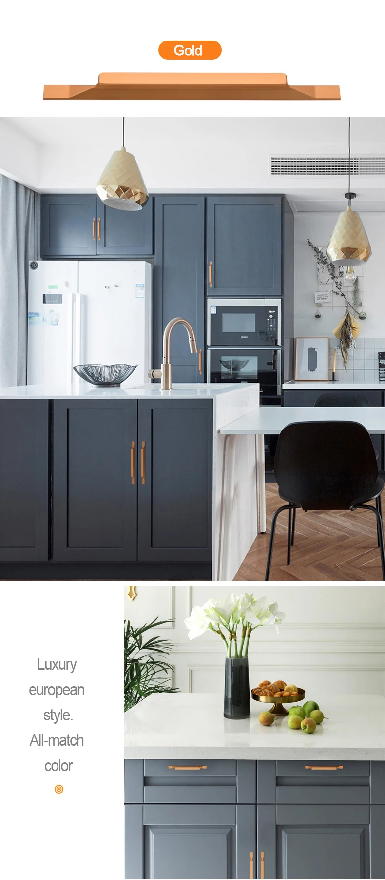 Gold Solid Aluminum Alloy Kitchen Cupboard Pulls American Style Black Cabinet Handles (6)