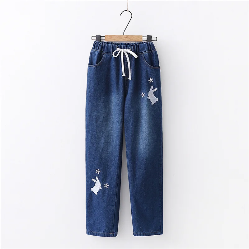OMIKRON Women Boyfriend High Waist Jeans Woman Plus Size Skinny Jeans Cute Cat Embroidery Denim Pencil Pants Push Up Jeans Femme