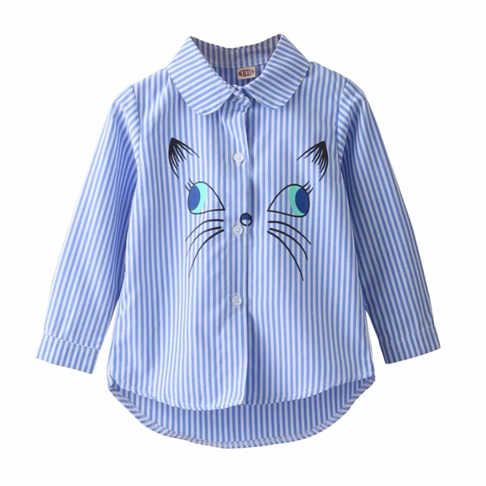 Детские рубашки с длинными рукавами с отложным воротником и вышивкой кота из мультфильма, новая блузка
