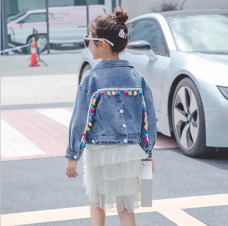 Korea style girls denim pom pom coat fashion autumn girls coat 4-9t C373