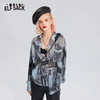 

ELFSACK Blue Graphic Print Single Breasted Casual Oversize Shirts Women,2020 Autumn ELF Loose Korean Ladies Daily Chiffon Tops