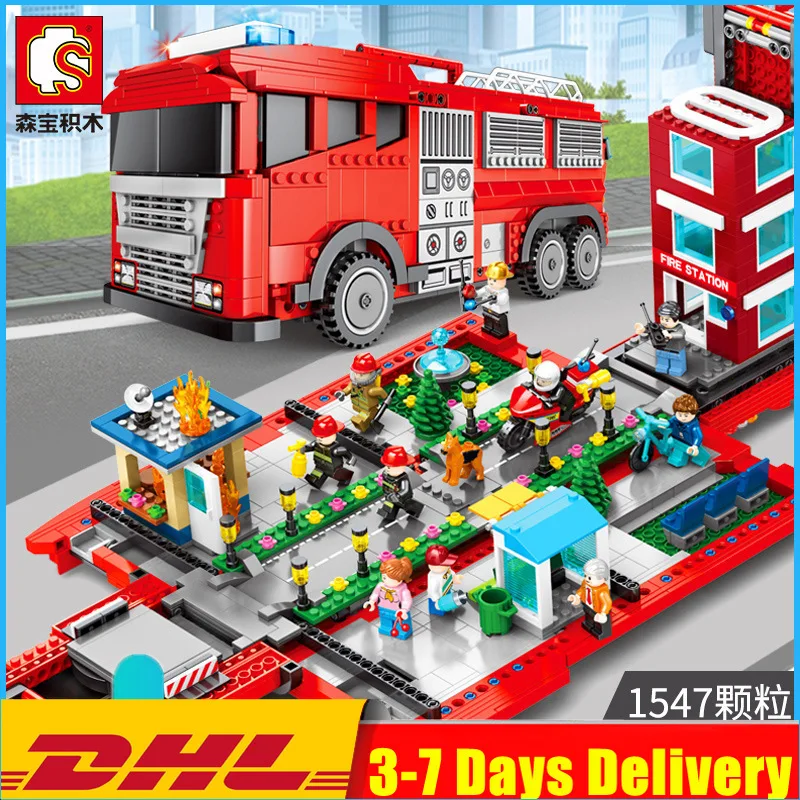 

IN Stock DHL 603063 1547pcs 2in1 City Fire Station Truck Street View Building Blocks Bus Toy Compatible