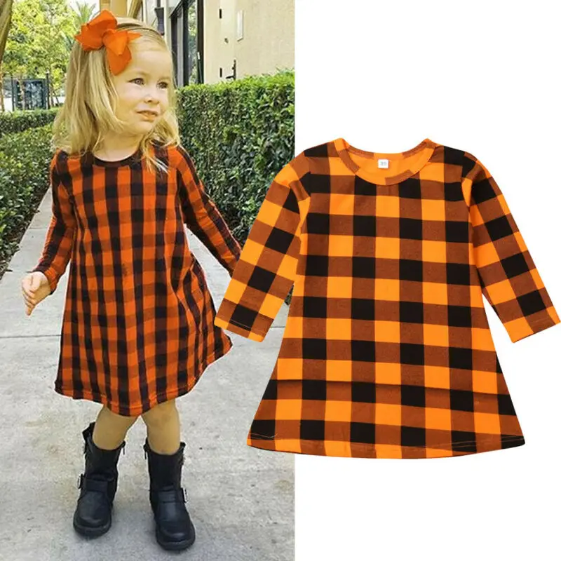 

Autumn Christmas Dress Toddler Baby Girl Clothes Cotton Plaid Dress Long Sleeve Skater Dress Tops Outfit 1-7Y