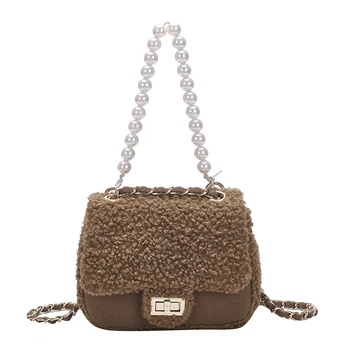 

2019 Plush Leather Shoulder Crossbody Bag Fashion Women Luxury Solid Color Mini Square Bags Designer Pearl Chain Buckle Handbags