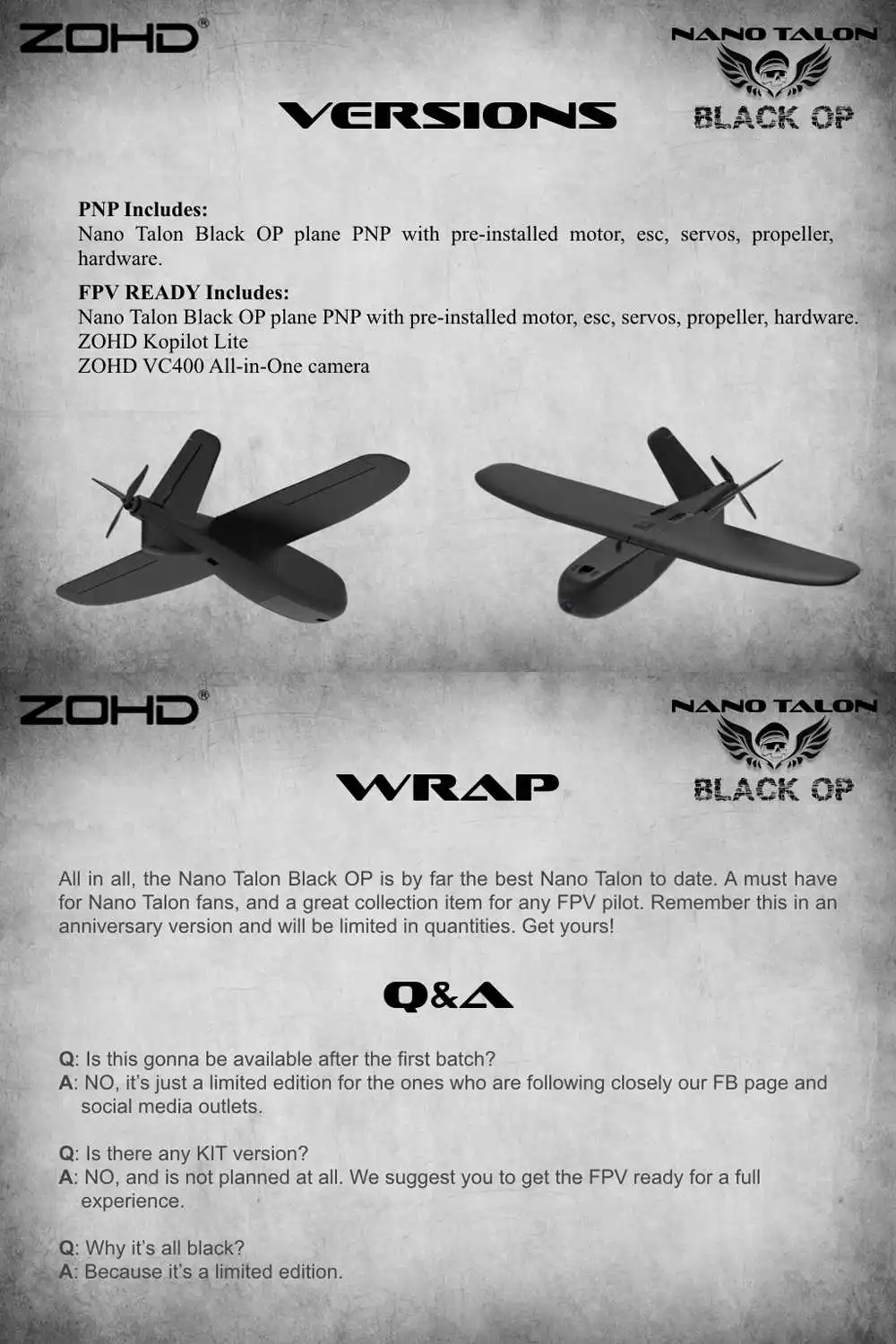 ZOHD Talon Black OP 860 мм размах крыльев AIO v-хвост EPP FPV крыло модель самолёта на радиоуправлении игрушки на открытом воздухе PNP w/FPV готовое ограниченное издание