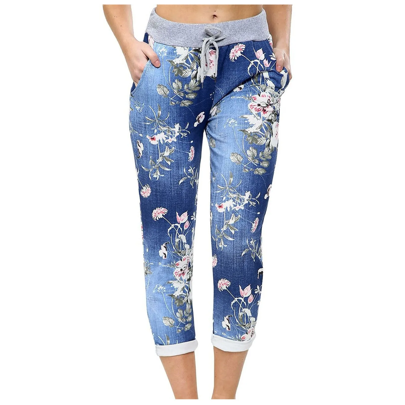 Women's Casual Fashion Denim Floral Print Elastic Waist Lace-Up Straight Casual Pants Cropped Trousers Autumn Loose Pants Mujer 1