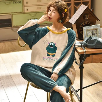 

Flannel Pajamas Cartoon Sleepwear Winter Warm Lingerie Home Wear Women Matching Fashion Pajamas Sets Round-Neck Thick Flannel