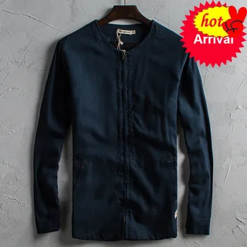 

Fashion Spring Summer Linen Jacket Zipper Round Collar Men Casual Coat Slim FIt OUTWEAR Vintage Male Clothing