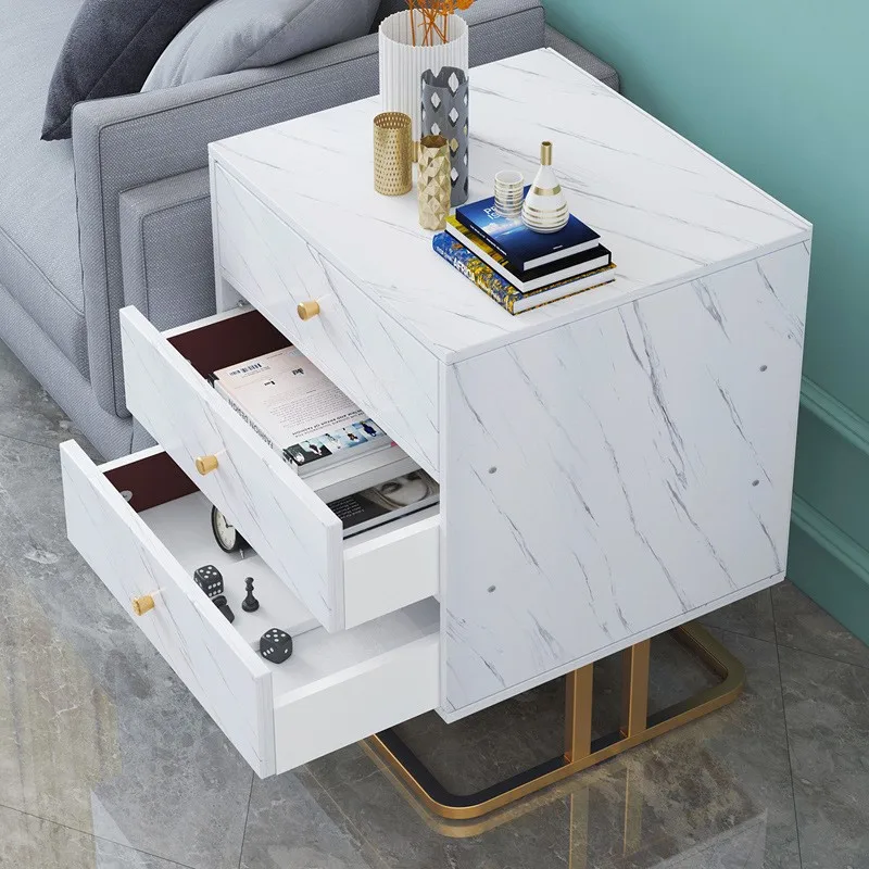 Minimalist Modern Bedroom Furniture Bedside Table With Three Drawers Nightstand Sofa Side Cabinet Marble Texture |