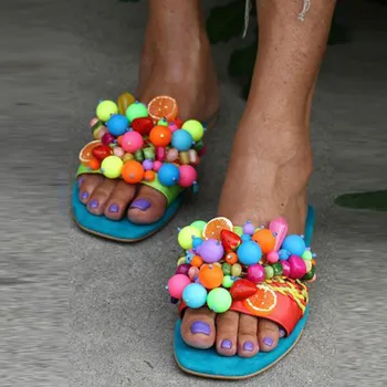 

Flat Peep Toe Plastic Non-slip Hard Sole Grape Waterproof Slippers Bohemian mixed Colors string Bead Peep Toe Slippers тапки