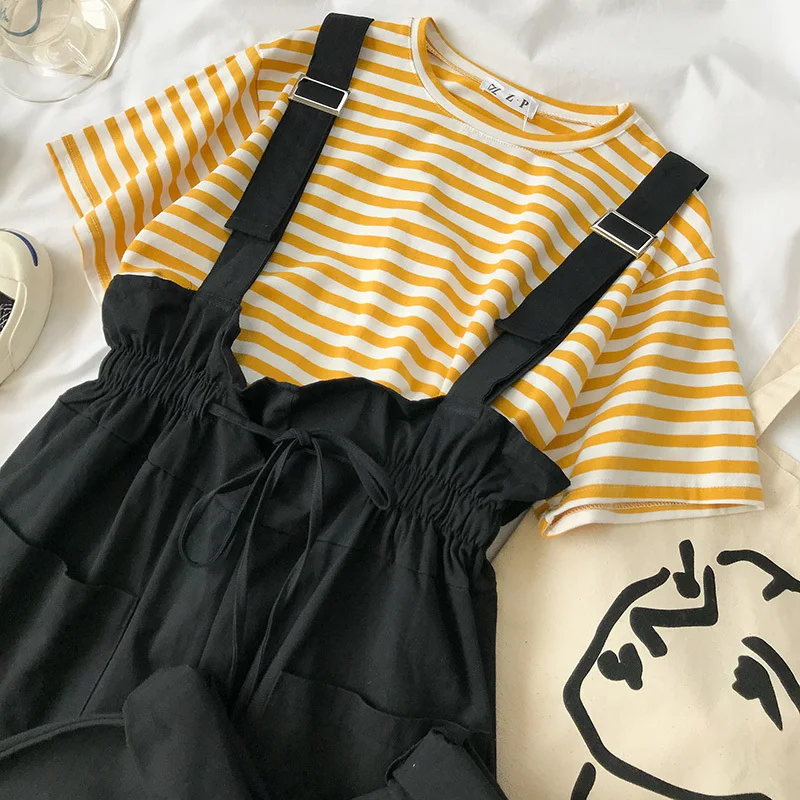 

Summer Pants Set Women Striped T-shirt Elegant Fashion Office Overall White Khaki Pants Outfits For Women Casual 2 Pieces Set