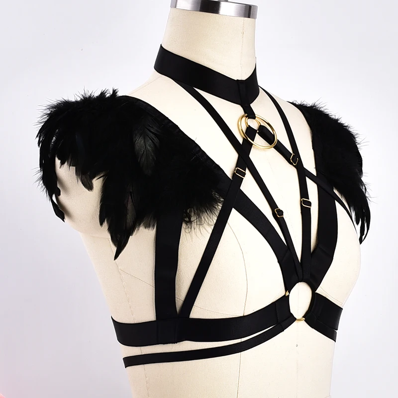 Feather Harness Angel Wing Bralette Crop Tops Epaulettes Shoulder Steampunk Goth Fetish Exotic Festival Plus Size Cage Bra