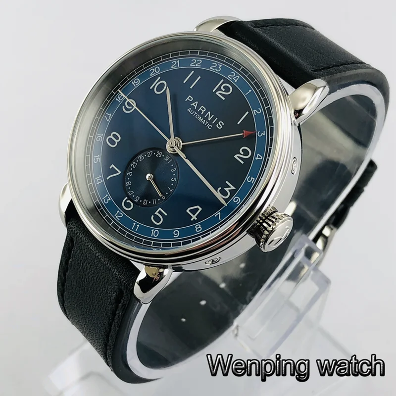 Parnis 42 мм GMT Серебряный чехол с черным циферблатом арабский знак Дата Окно кожаный ремешок мужские Топ Досуг автоматические механические часы - Цвет: style C