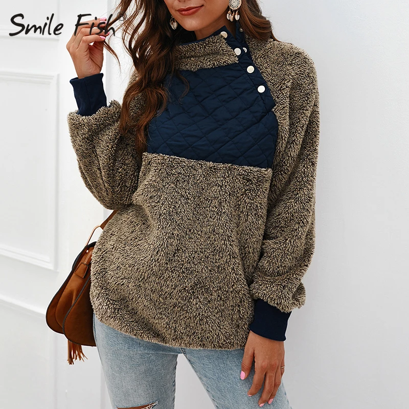 

Turtleneck Long Sleeve Teddy Autumn Winter Sweatshirts Patchwork Fleece Pullovers Women Hoodies Casual Shirts Streetwear GV933