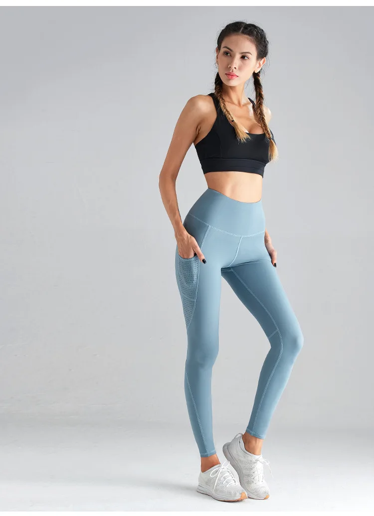 Cross Border Hot Selling New Style Pocket Yoga Pants Women's Hollow out Joint Buttock Lifting Fitness Pants Running Sports