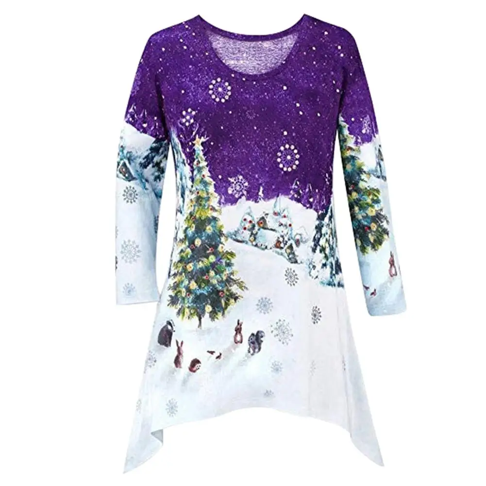 

Fashion Christmas Tree Print T-shirt for women female Irregular Tunic Top Plus Size Women Long Sleeve cotton T Shirts tee tops