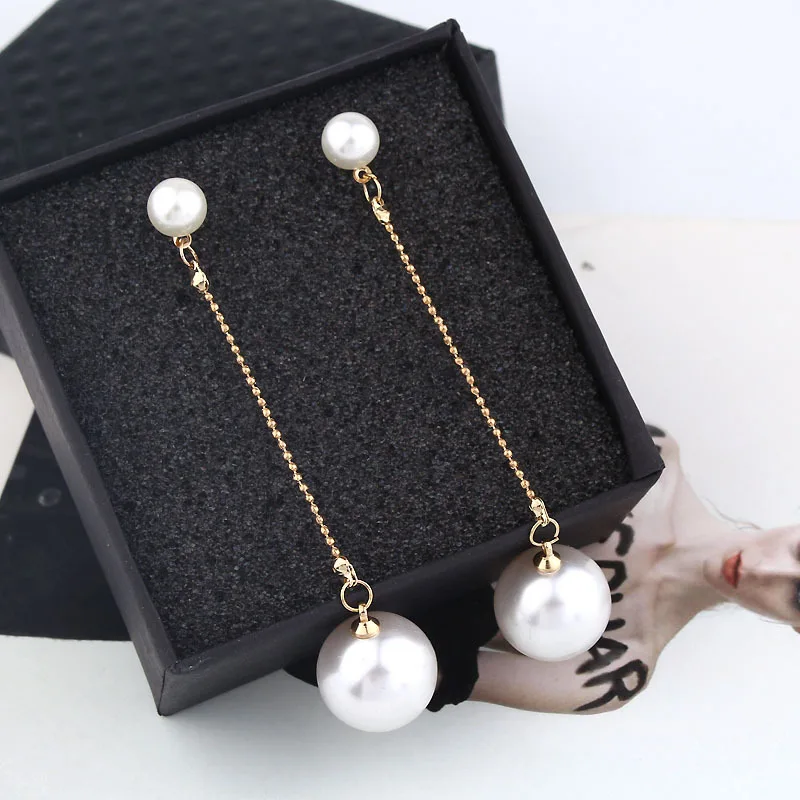 

Fashion Gold Color Simulated Pearl Pendant Long Chain 2 Beads Long Earrings Bridal Wedding Pearl Jewelry Drop Earrings for Wmen