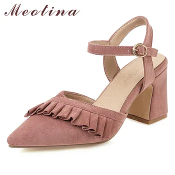 

Meotina Pleated Super High Heel Pumps Slingbacks Buckle Women Shoes Pointed Toe Thick Heels Footwear Ladies Summer Beige Size 43
