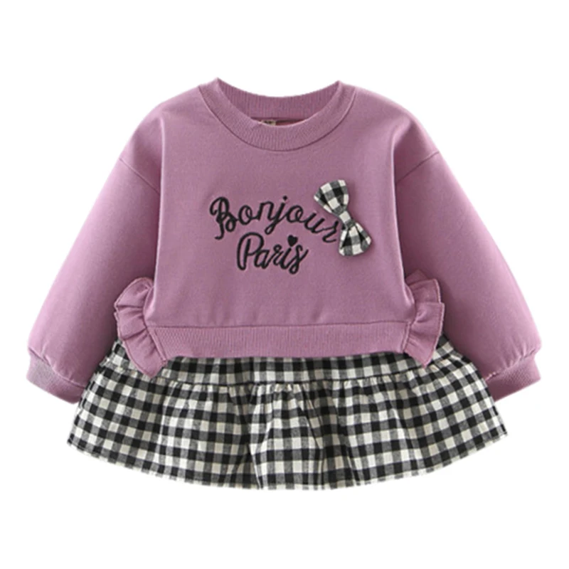

New Autumn Baby Girl Dress 0-3T Cute Toddler Letter Embroidery Plaid Pattern Girls Dresses Fashion Cute Bow Decoration Dresses