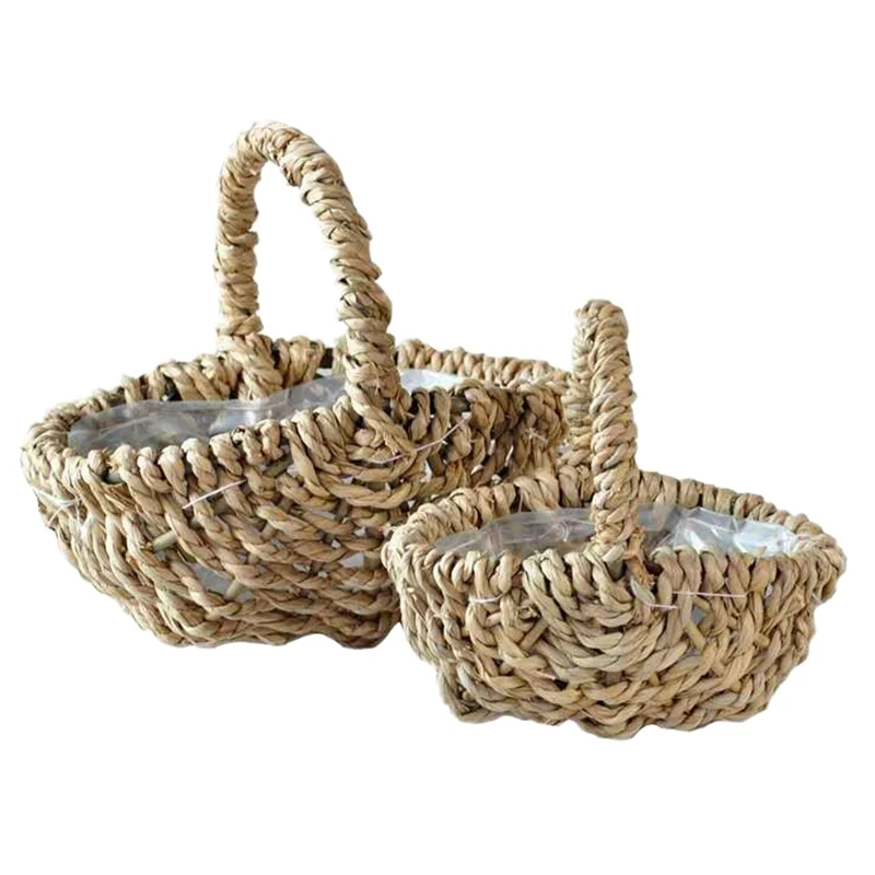 

Straw Rope Woven Plastic Lining Woven Flower Basket Wicker Hamper Gift Basket with Long Carry Handles, Natural
